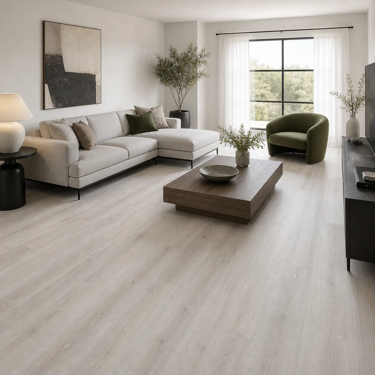 Ash Gray LVP flooring material color sample available from FIR Flooring and Stairs