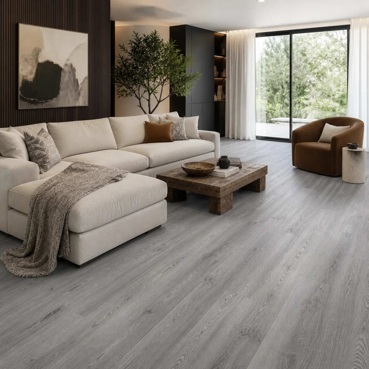 Silver Smoke LVP flooring material color sample available from FIR Flooring and Stairs