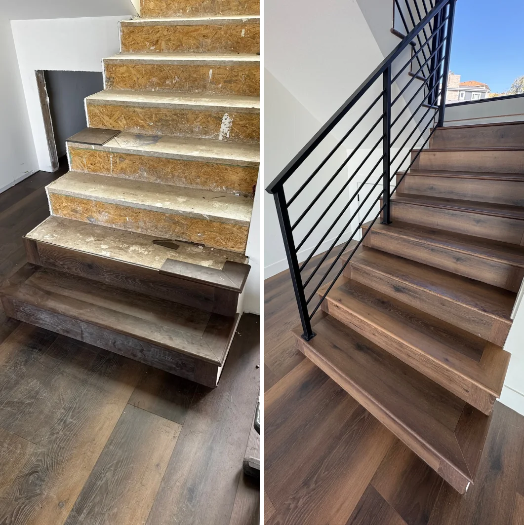 Riverview carpet stairs transformed with wood-look LVP by FIR